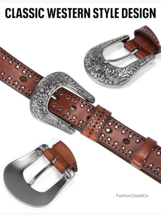 Western Studded Leather Belt with Vintage Silver Buckle main image 2
